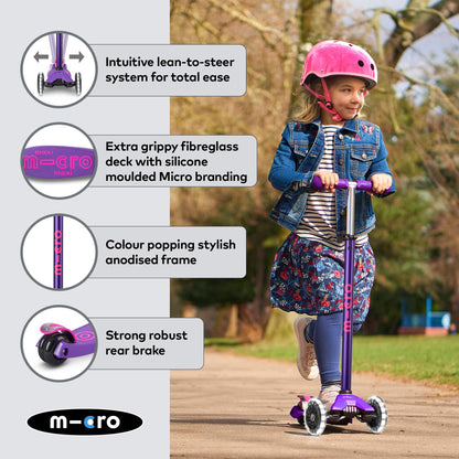 Purple Maxi Micro LED Deluxe children's scooter with big wheels and adjustable handlebar for ages 5-12 years.