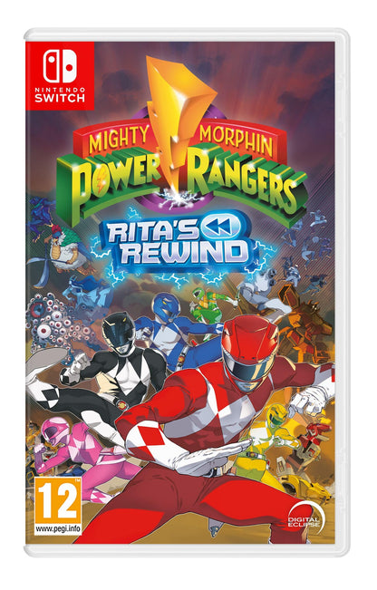Atari Mighty Morphin Power Rangers Ritas Rewind Switch game cartridge with colorful cover art and logo.
