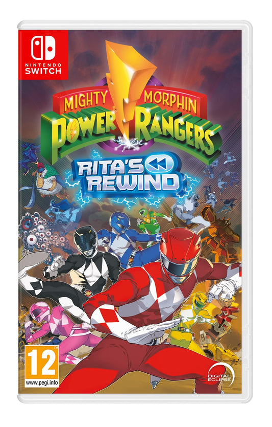 Atari Mighty Morphin Power Rangers Ritas Rewind Switch game cartridge with colorful cover art and logo.