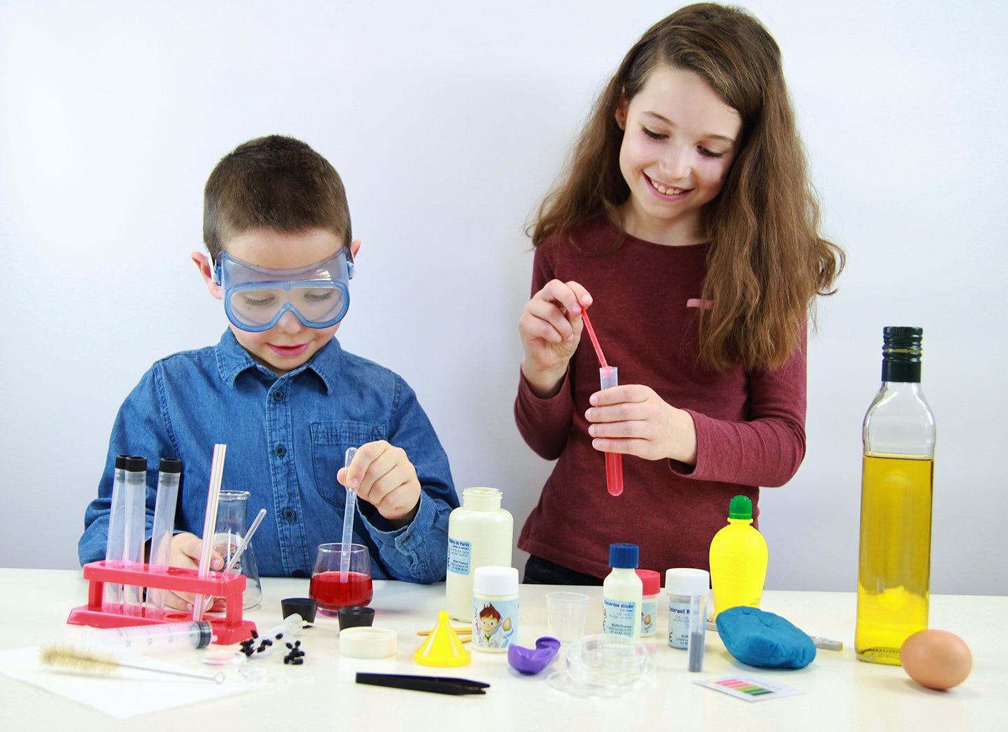 Buki Kids Chemistry Set with test tubes, goggles, and accessories for safe science experiments using kitchen ingredients.