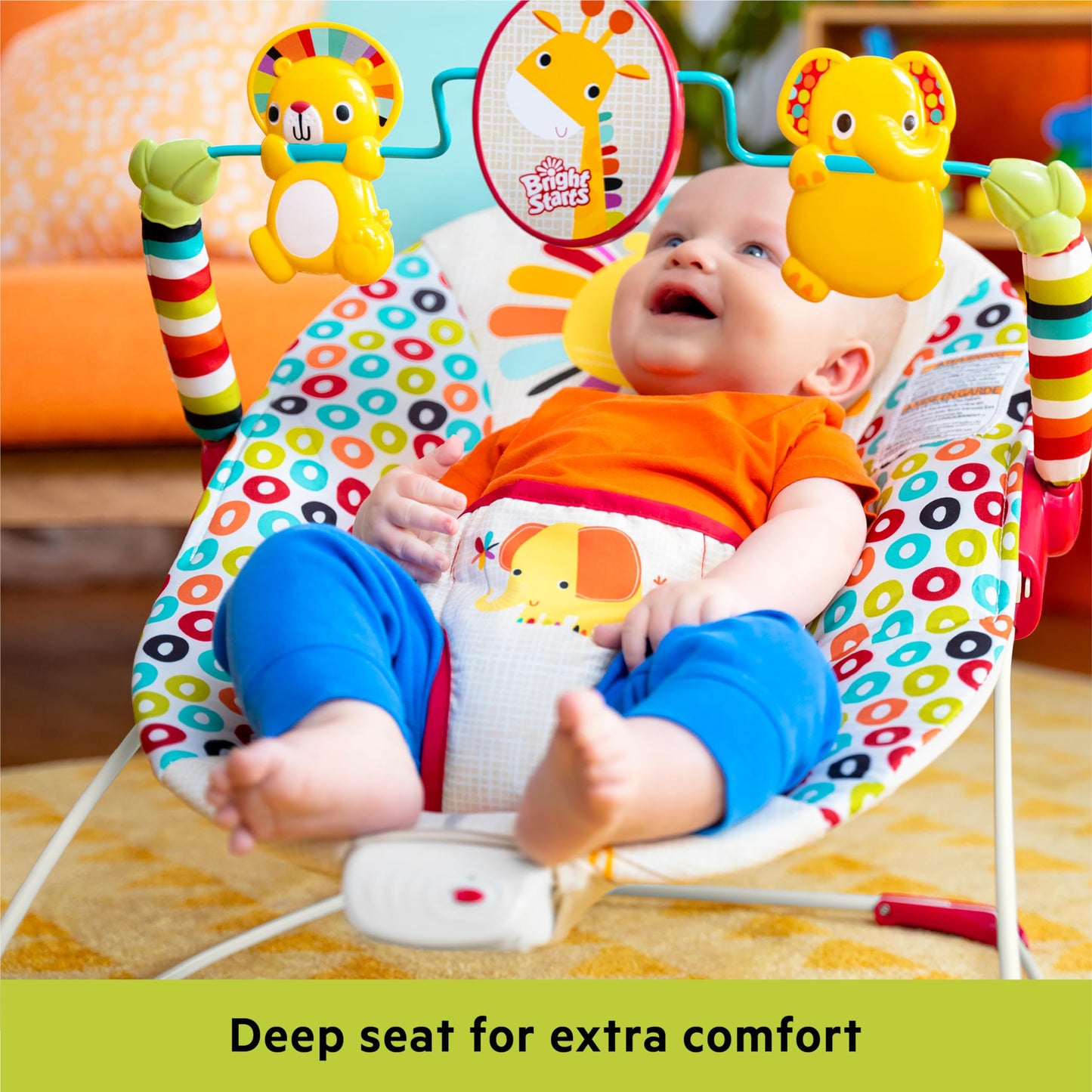 Bright Starts Playful Pinwheels Bouncer with colorful fabric, soft padding, and a toy bar for infant comfort and entertainment.