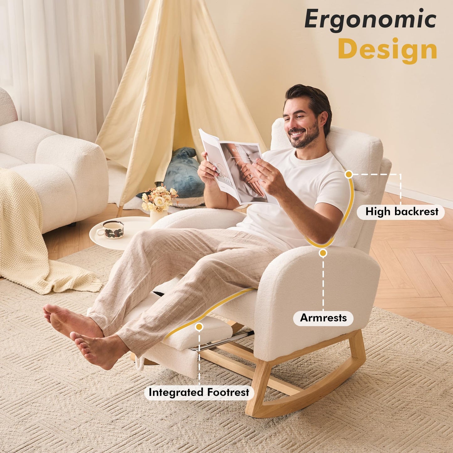 DEKKETO Rocking Chair with Footrest and Headrest, Teddy Wooden Nursing Chairs for adults with Extra Wide Seat and Large Side Pocket, Ergonomic Support for Nursery, Living Room, Ivory