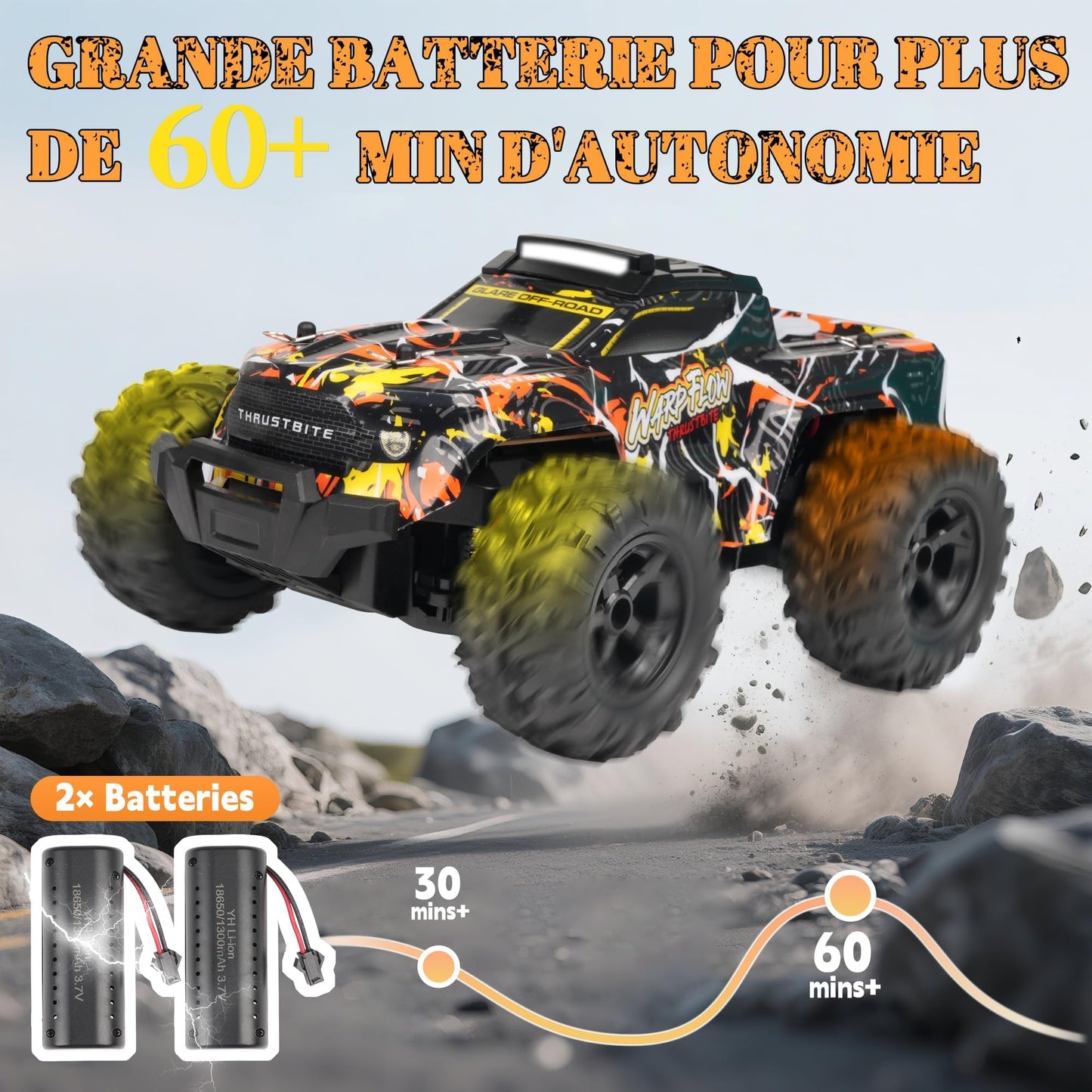 JOYTREKY Remote Control Cars - 1:18 Rc Car HighSpeed 25KMH+ LED Light with Spray 2.4GHz All Terrain Off Road Truck Toys 2 Rechargeable Batteries 60 Min Playtime Fast Racing Toy for Kids Adult - Yellow
