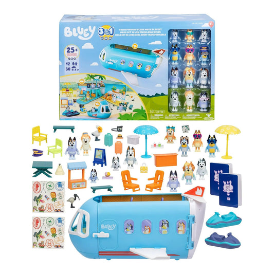 Bluey 3-in-1 Transforming Plane Mega Playset with 12 Figures, Jet Ski & Beach Accessories, Kids Pretend Play Travel Toy, Official Toys, 25+ Pieces, Ages 3+