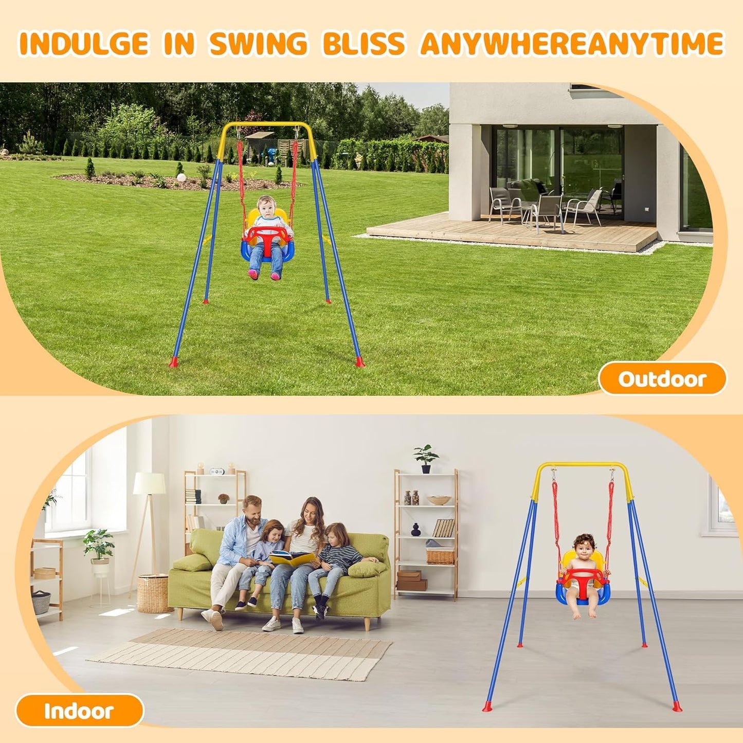 FCOUMY 3-in-1 toddler swing set with baby seat, suitable for indoor and outdoor use, featuring heavy-duty frame and foldable design.
