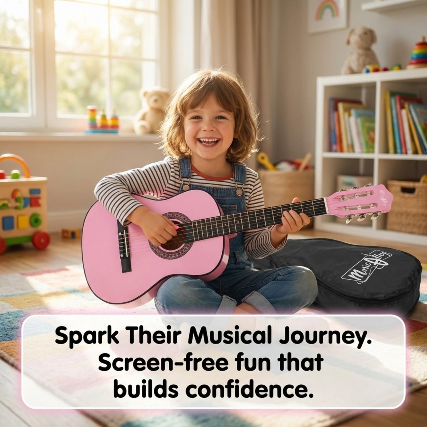 Music Alley Classical Junior Acoustic Guitar for Kids with carrying bag, featuring a nylon string guitar suitable for young beginners.