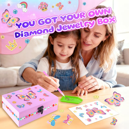 PinkSheep Wooden DIY Jewellery Box for Girl 6-12, Arts and Crafts Kits with Necklace Bracelet, Diamond Tape, Ddiamond Painting Box, DIY Pirate Treasure Chest Set for Kids (Purple Butterfly)
