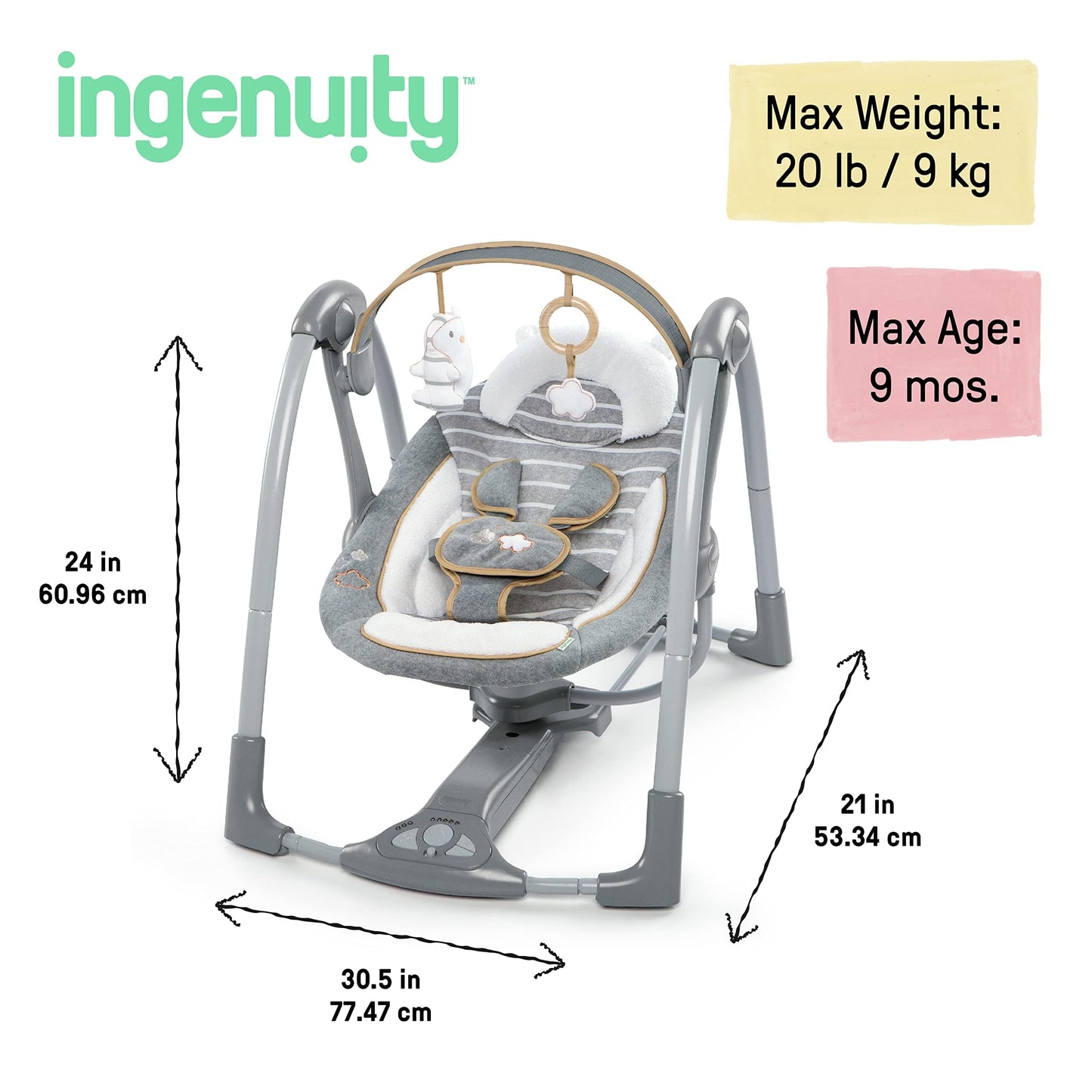 Ingenuity Swing 'n Go Deluxe baby swing with cushioned harness, foldable design, plush toys, and sound features for infants 0-9 months.