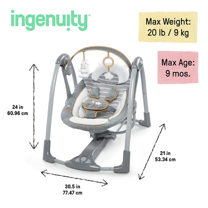 Ingenuity Swing 'n Go Deluxe baby swing with cushioned harness, foldable design, plush toys, and sound features for infants 0-9 months.