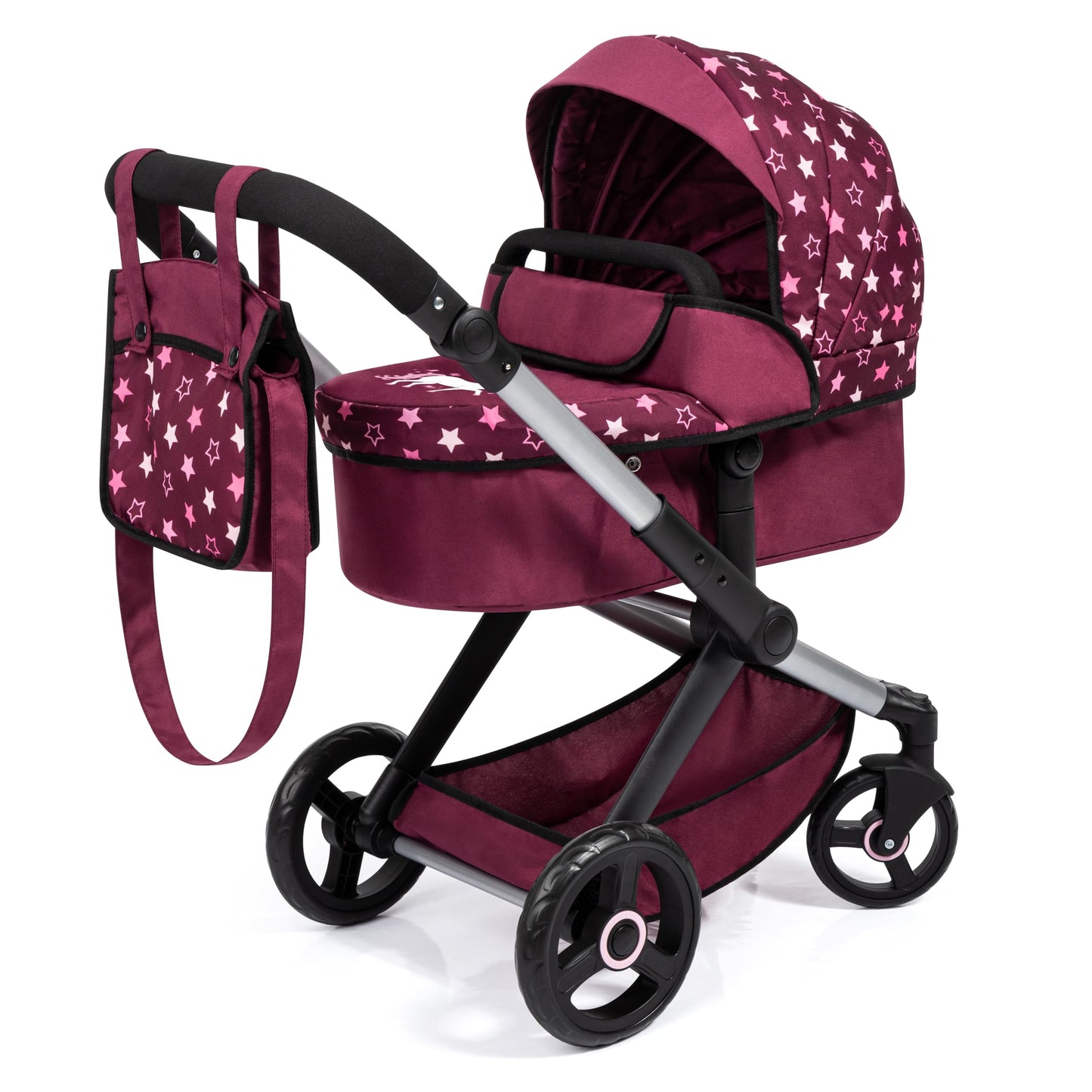Bayer Baby Dolls Pram XEO in burgundy with pink stars, convertible doll stroller with adjustable handle for girls and tall dolls.