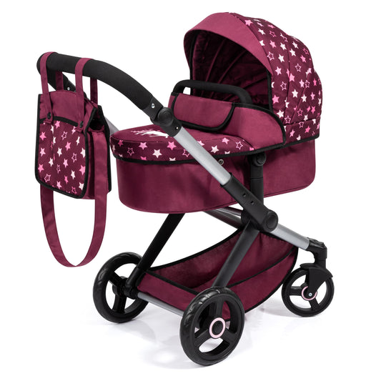 Bayer Baby Dolls Pram XEO in burgundy with pink stars, convertible doll stroller with adjustable handle for girls and tall dolls.