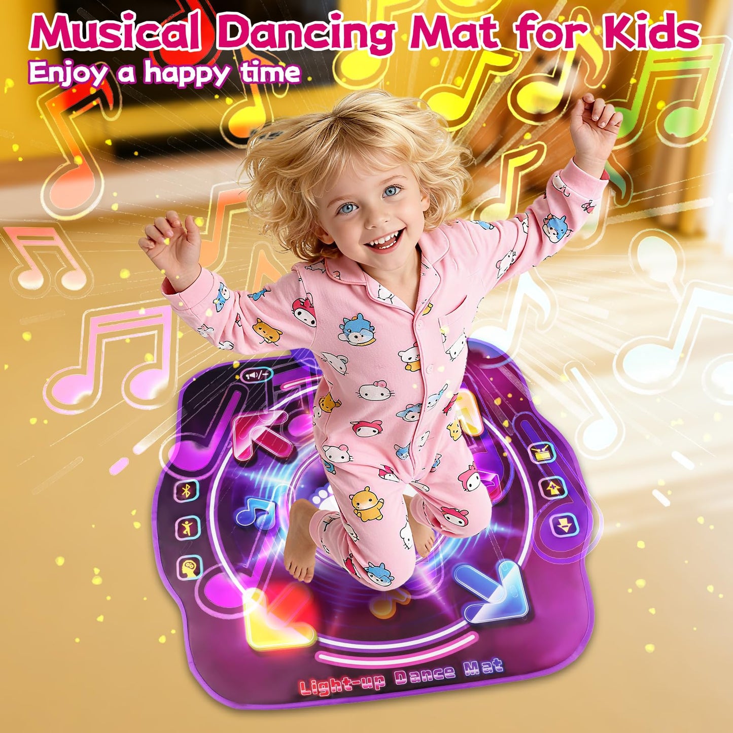 AmyBenton dance mat for kids with light-up music, wireless Bluetooth, and five game modes, designed for children aged 4 to 12.