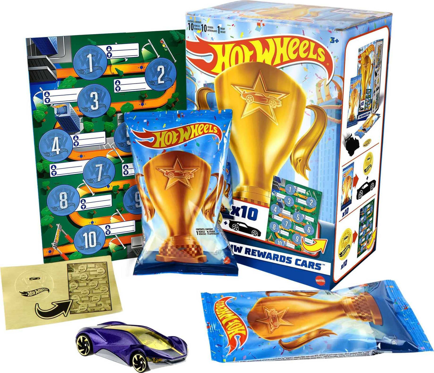 Hot Wheels HW Rewards Cars Themed Assorted 10-Pack of Individually Wrapped 1:64 Scale Vehicles & Gold Stickers, Gifts for Kids 3 Years Old & Older, HGJ94