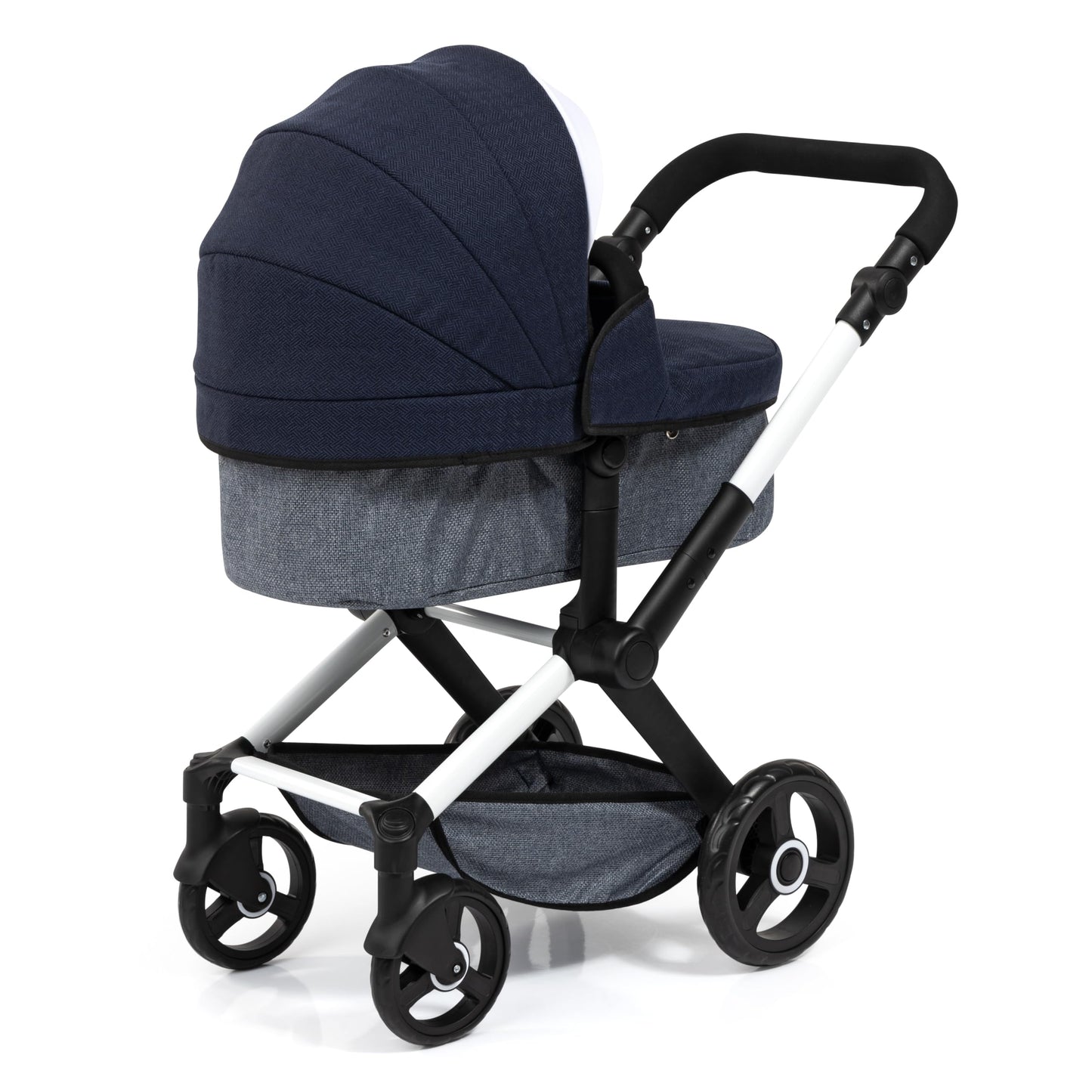 Bayer Baby Dolls Pram XEO in navy blue with ribbon, convertible doll stroller, carrycot, changing bag, adjustable handle for girls.