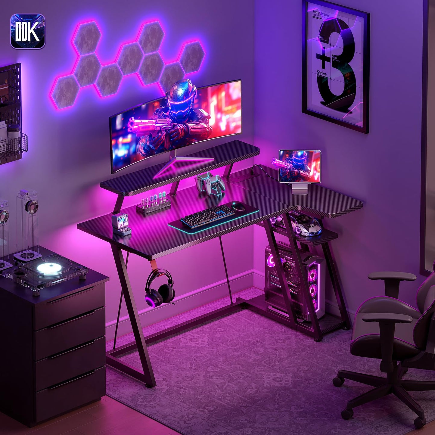ODK Gaming Desk with LED Lights & Power Outlets, 120CM Computer Desk with Monitor Stand, Corner Desk with Hook & Storage, L Shaped Gaming Desk Carbon Fiber Black