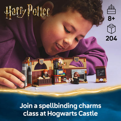 LEGO Harry Potter Hogwarts Castle Charms Class Set with Hermione Granger and Ron Weasley minifigures and levitation feature.