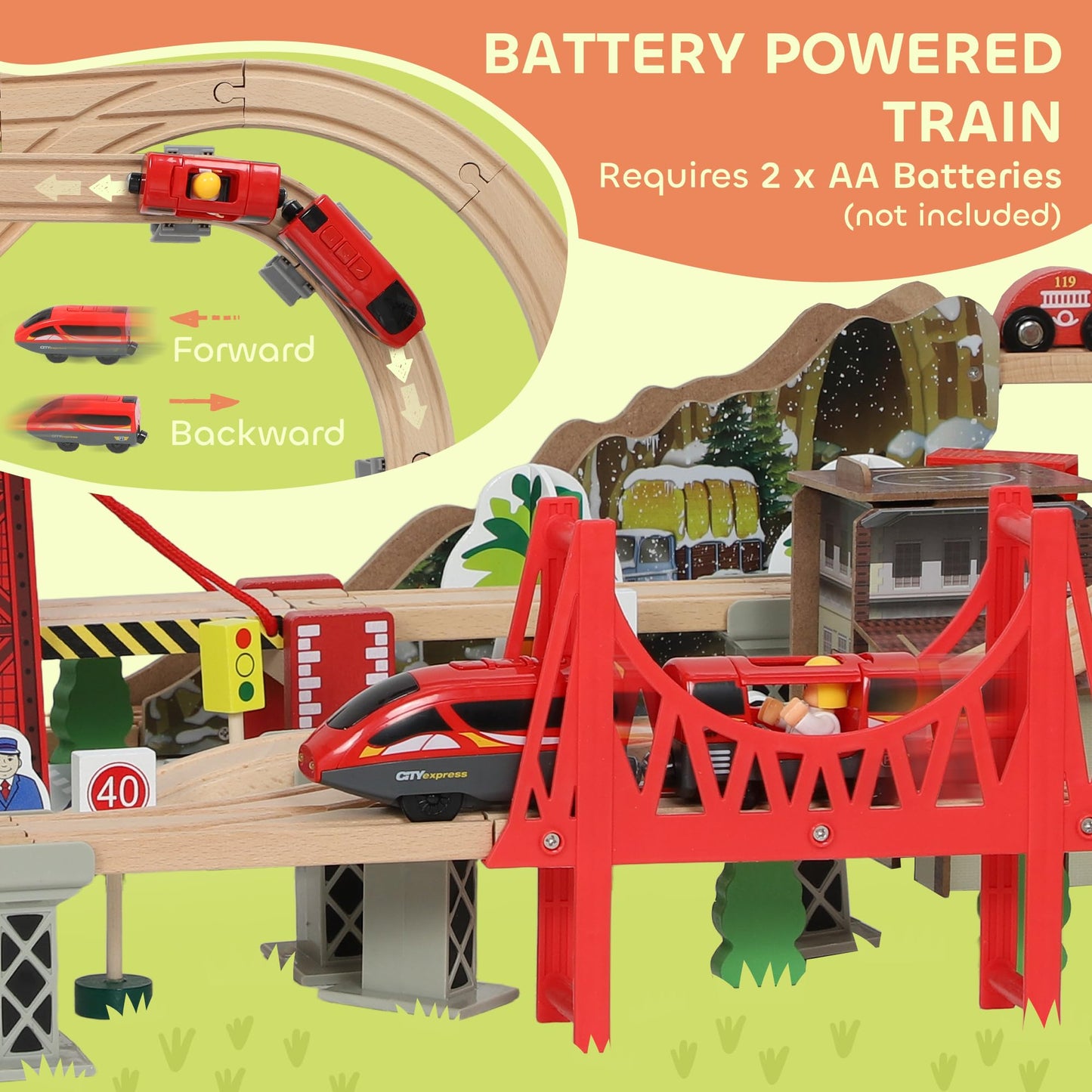 AIYAPLAY wooden train set with tracks, crane, bridge, and helicopter, designed for kids aged 3+ for imaginative play and STEM learning.