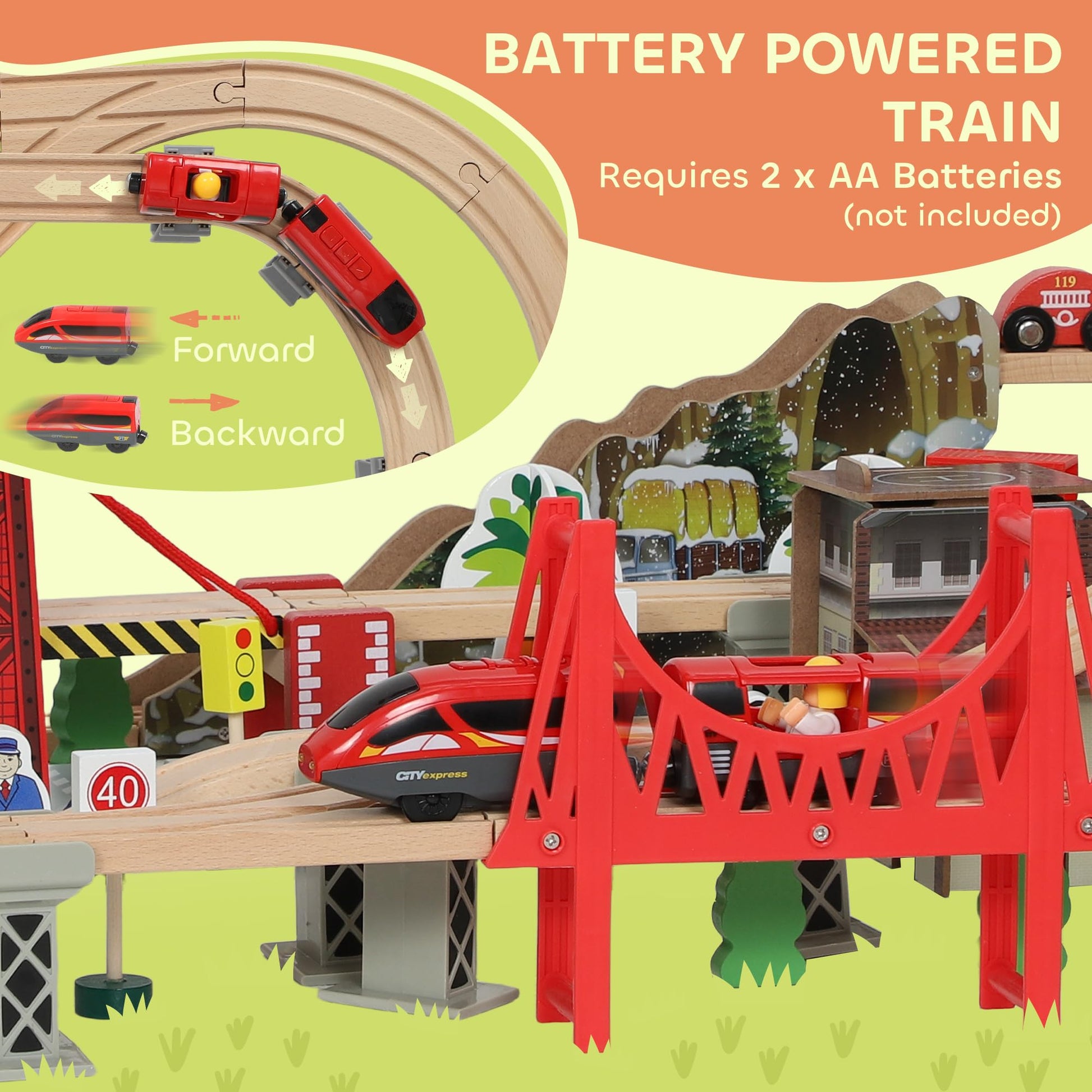 AIYAPLAY wooden train set with tracks, crane, bridge, and helicopter, designed for kids aged 3+ for imaginative play and STEM learning.