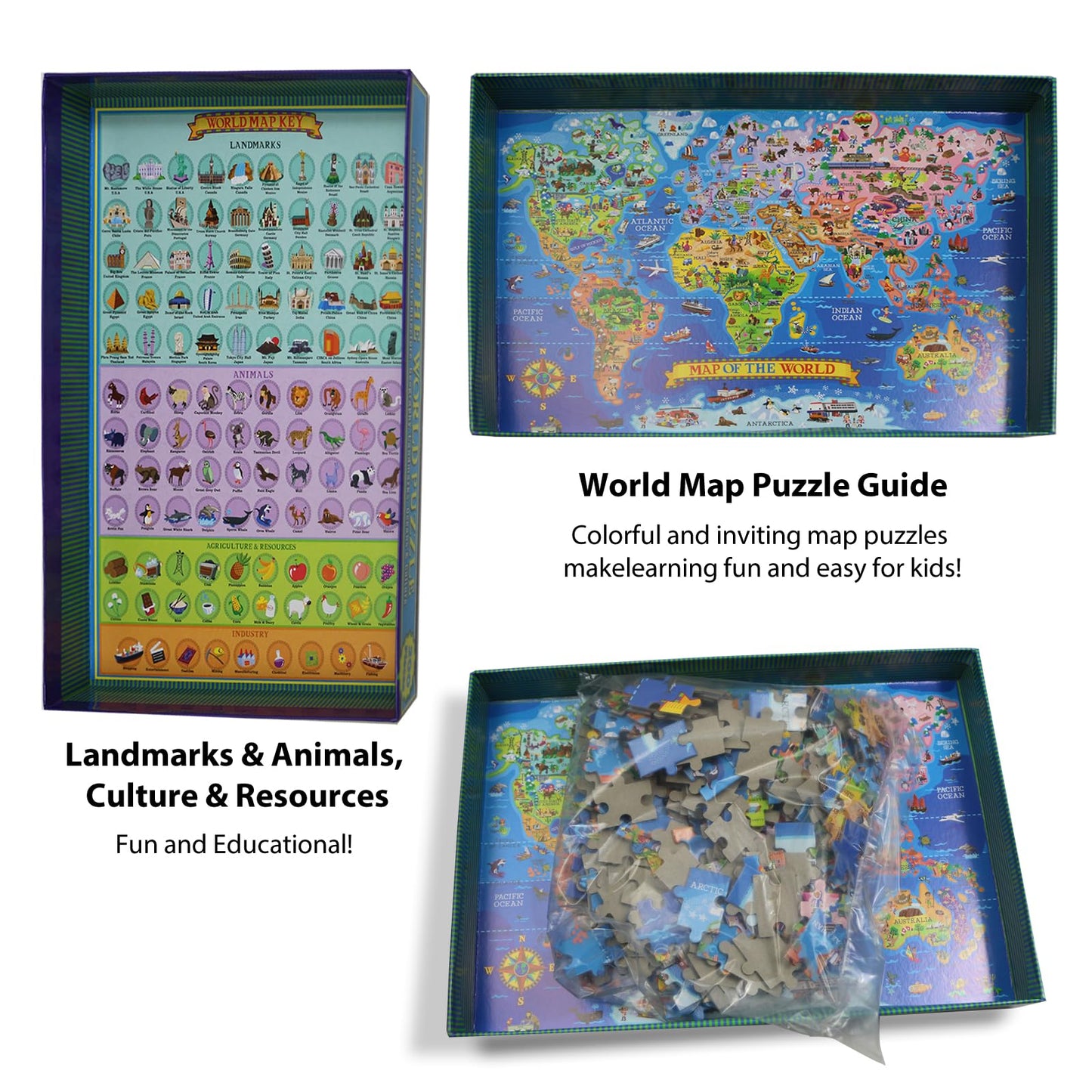 Learncredibles world map jigsaw puzzle showing continents and countries, educational geography puzzle for kids aged 7+