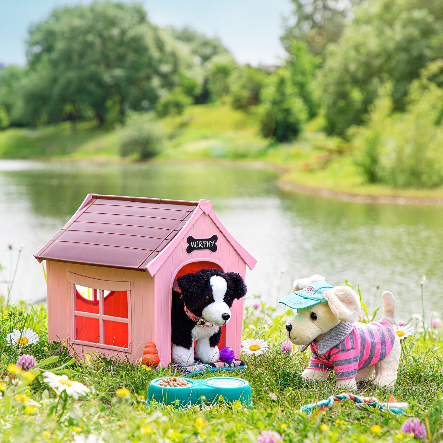 Deluxe Our Generation Puppy House set featuring a customizable chalkboard sign and plush pups for 18-inch dolls.