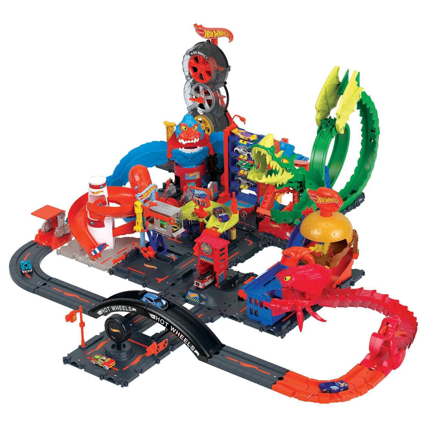 Hot Wheels City Downtown Express Car Wash playset with foam roller, drying flaps, and 1:64 scale vehicle in action.