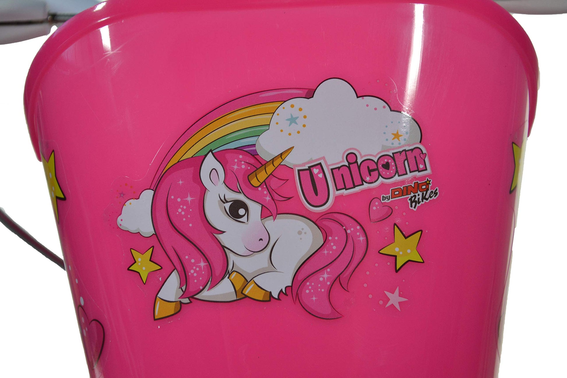 Dino Bikes 16-inch girls' unicorn kids bike in white and pink with doll seat, basket, and stabilizers for young riders.