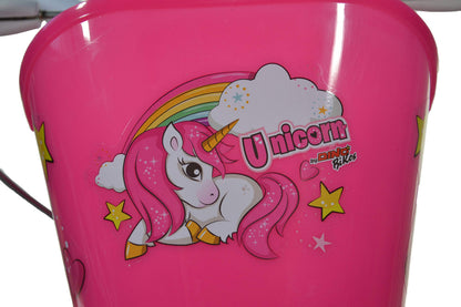 Dino Bikes 16-inch girls' unicorn kids bike in white and pink with doll seat, basket, and stabilizers for young riders.
