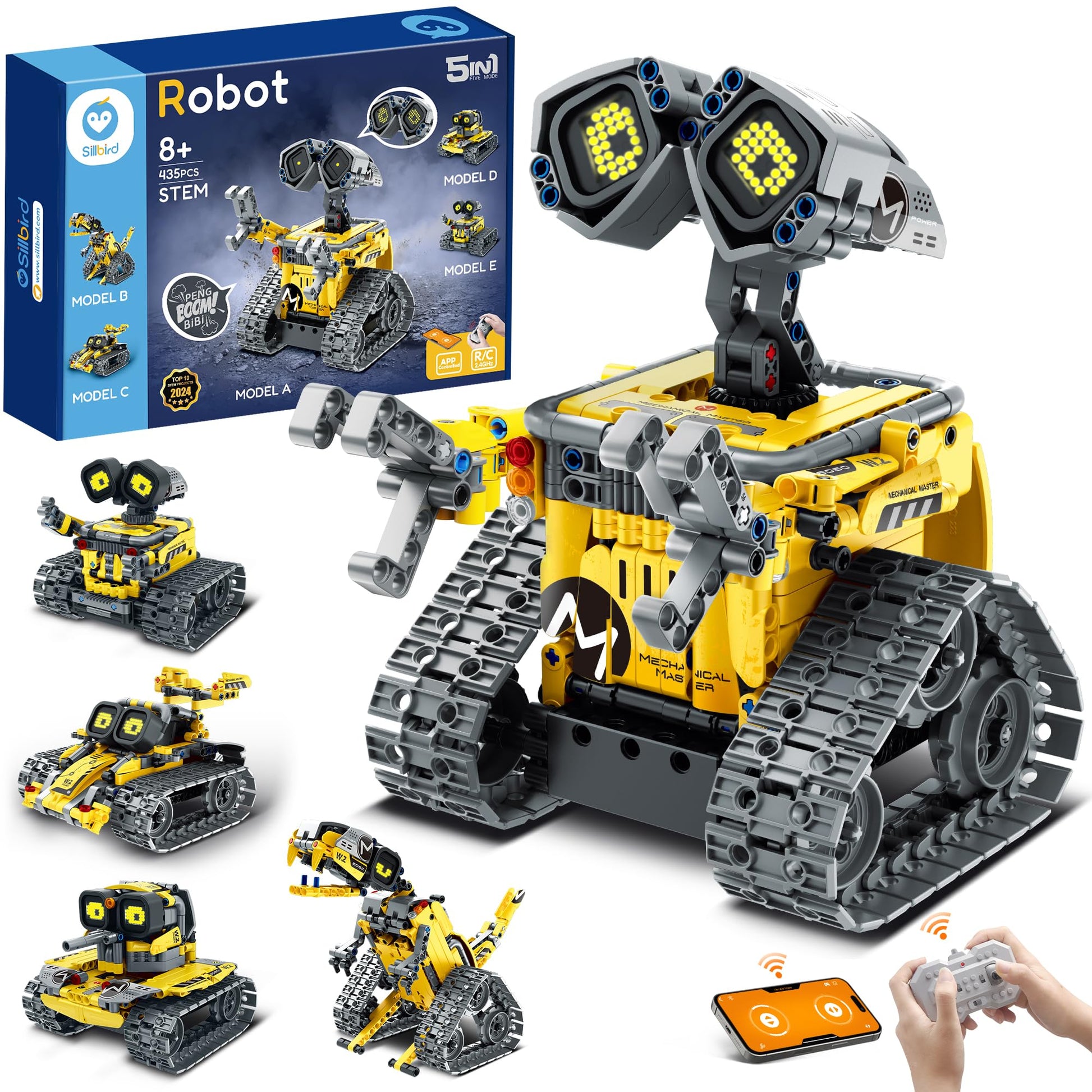 Sillbird STEM robot building toy set with remote and app control, featuring 435 pieces for creative building fun.