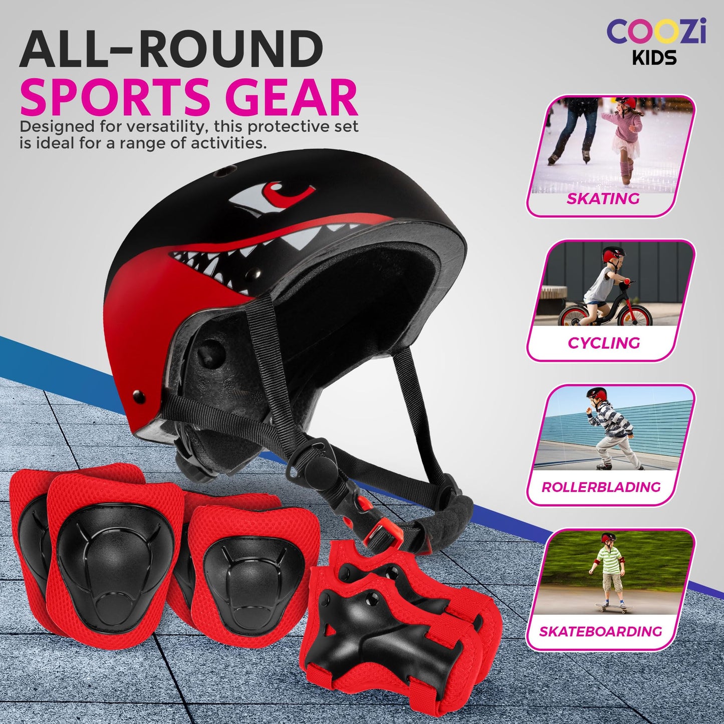 Niftii Kids Helmet with Pads - Adjustable Multi-Sport Complete Safety Gear for Cycling, Skateboarding & Scooting, Ideal for Boys & Girls Ages 3-15 Kids Bike Helmet Set, Shark