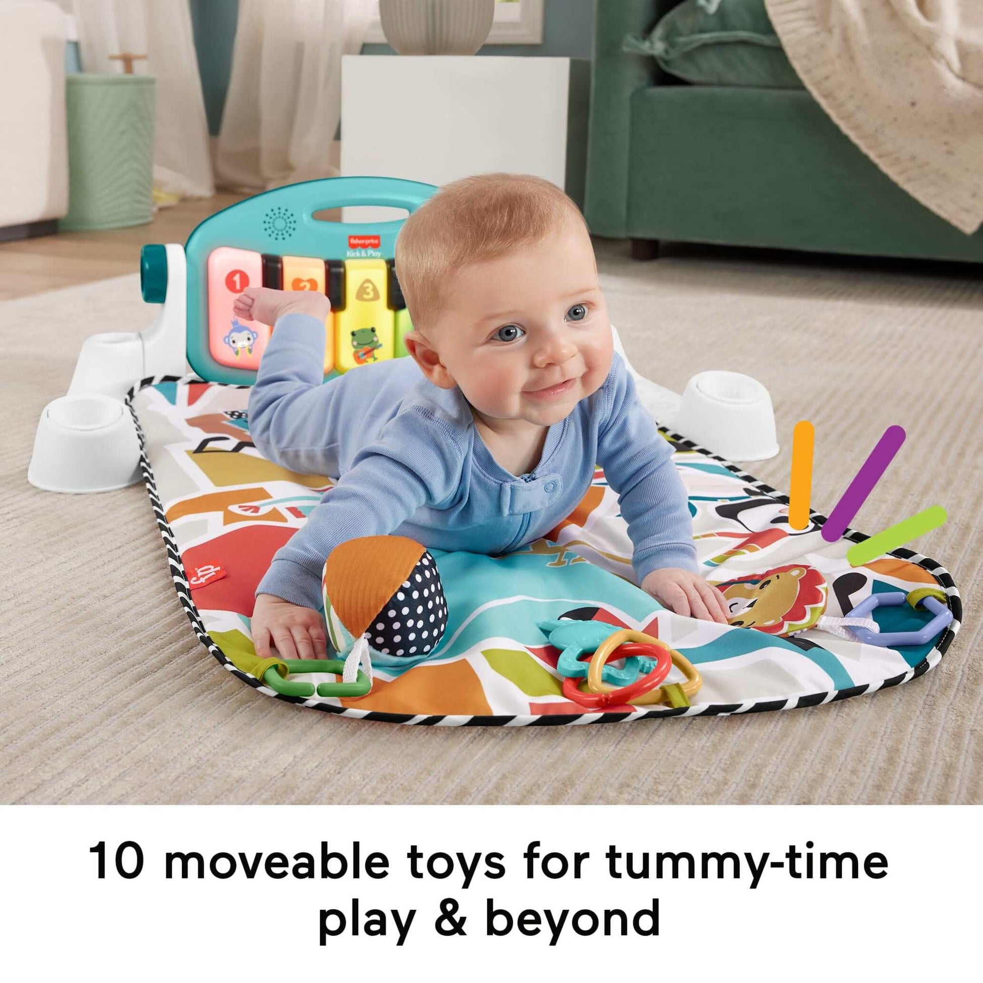 Fisher-Price Baby Activity Mat Glow and Grow Kick & Play Piano Gym with soft blue fabric, musical piano, and hanging toys for infants.
