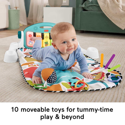 Fisher-Price Baby Activity Mat Glow and Grow Kick & Play Piano Gym with soft blue fabric, musical piano, and hanging toys for infants.