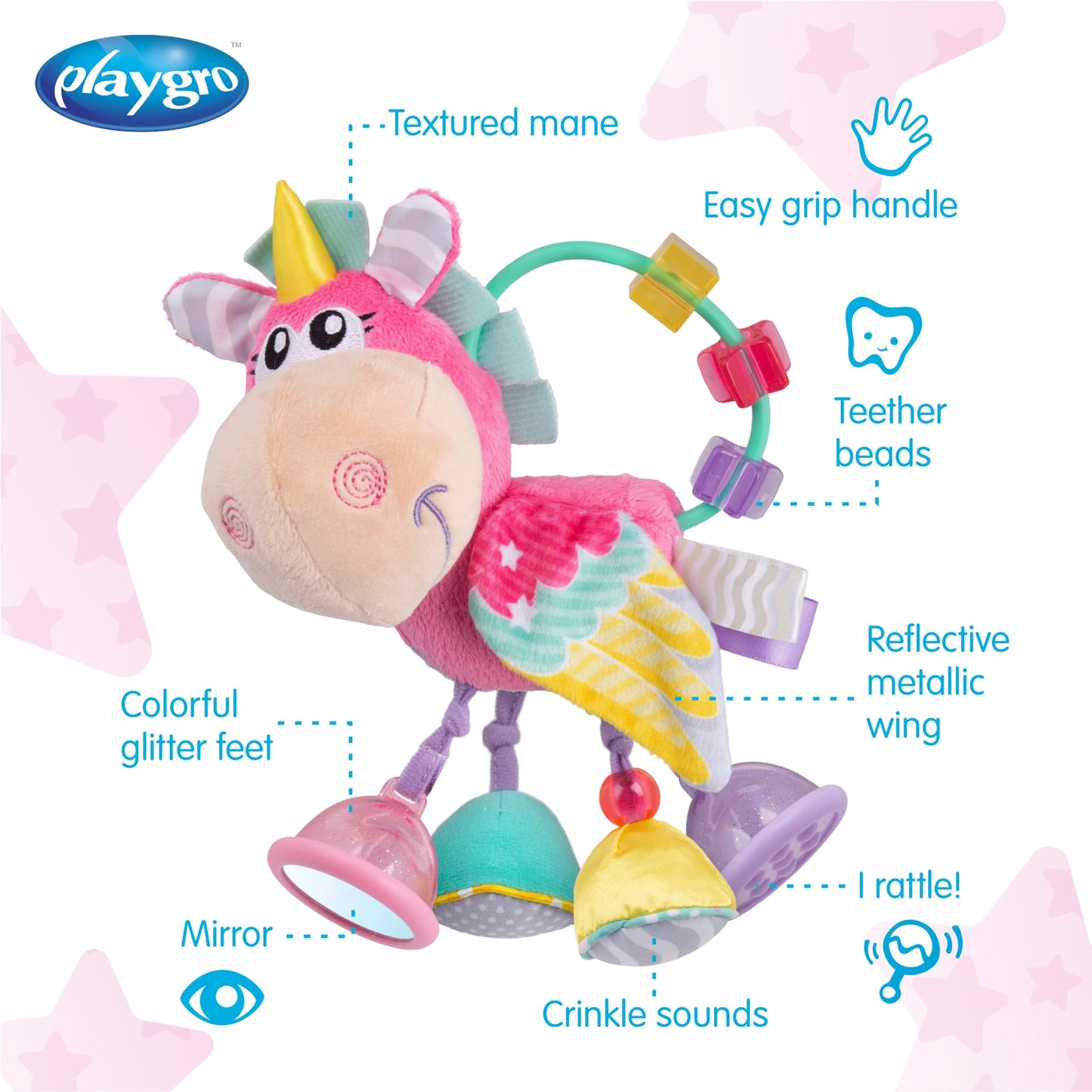 Playgro Unicorn Clip Clop Activity Rattle Pink - Nurturing Developmental Toy for 3+ Months - The Ultimate Fusion of Teething & Early Engagement - Baby's First Rattles with a Delightful Unicorn Design