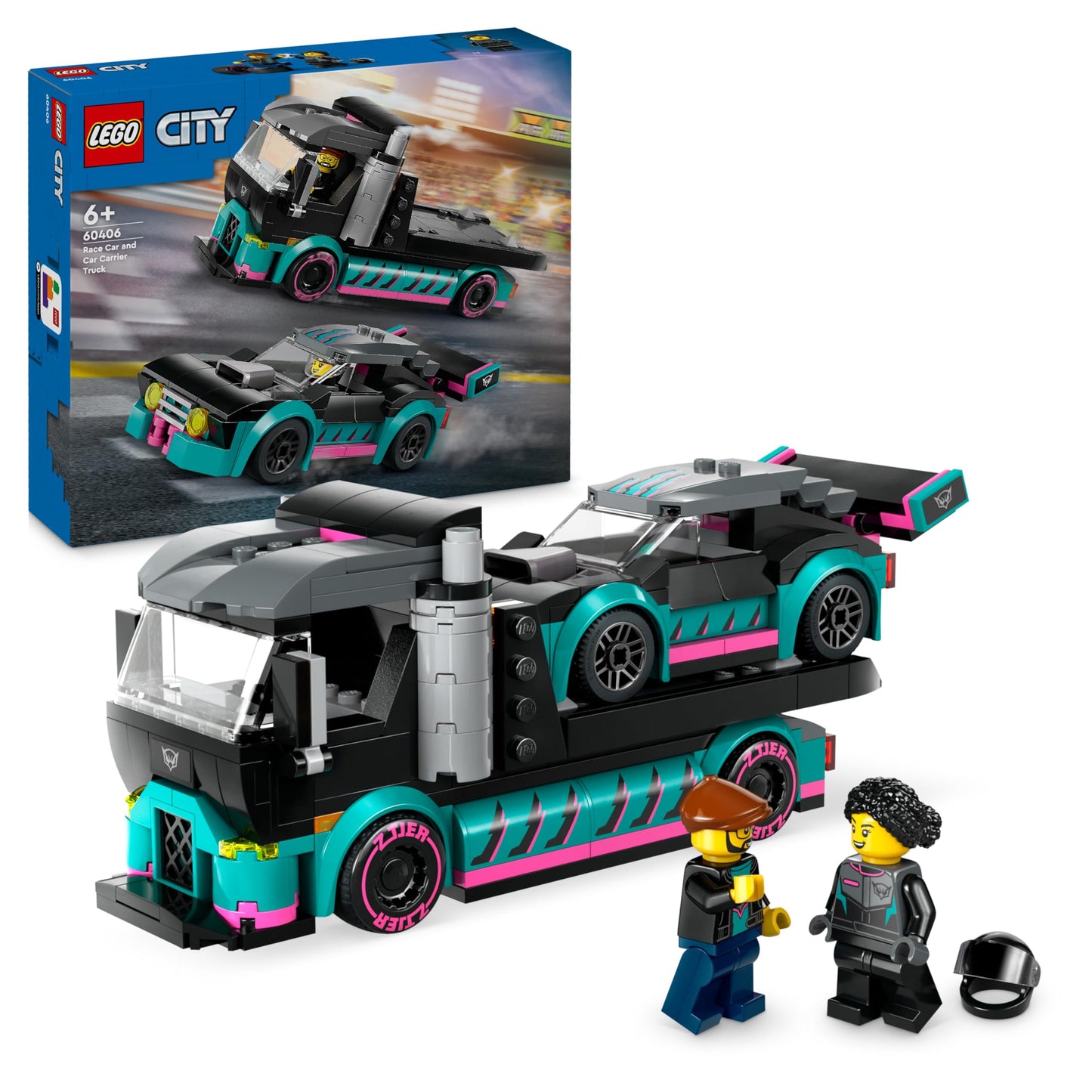 LEGO City Race Car and Car Carrier Truck set with adjustable ramp, racer and driver minifigures for kids 6 and up.
