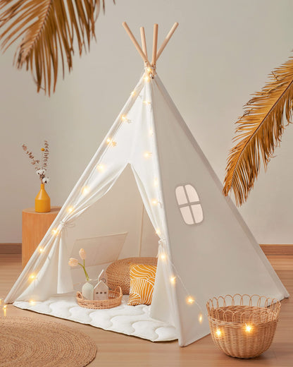 Tiny Land Kids Teepee Tent in raw white canvas with padded mat, light string, carry case, foldable design for indoor outdoor play and sleepovers.
