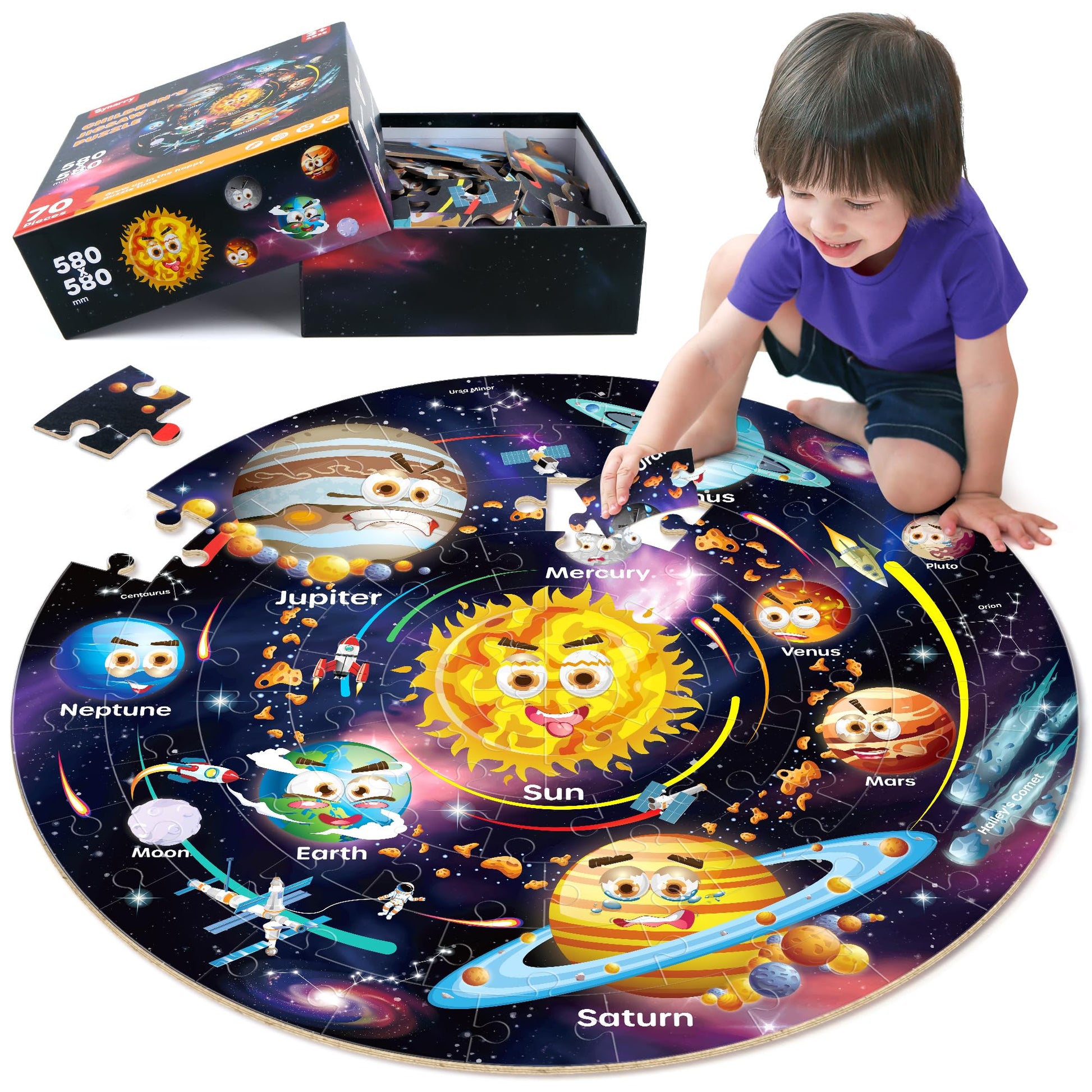 SYNARRY giant solar system floor jigsaw puzzle showing colorful space planets and astronaut figure for kids ages 3 to 8.