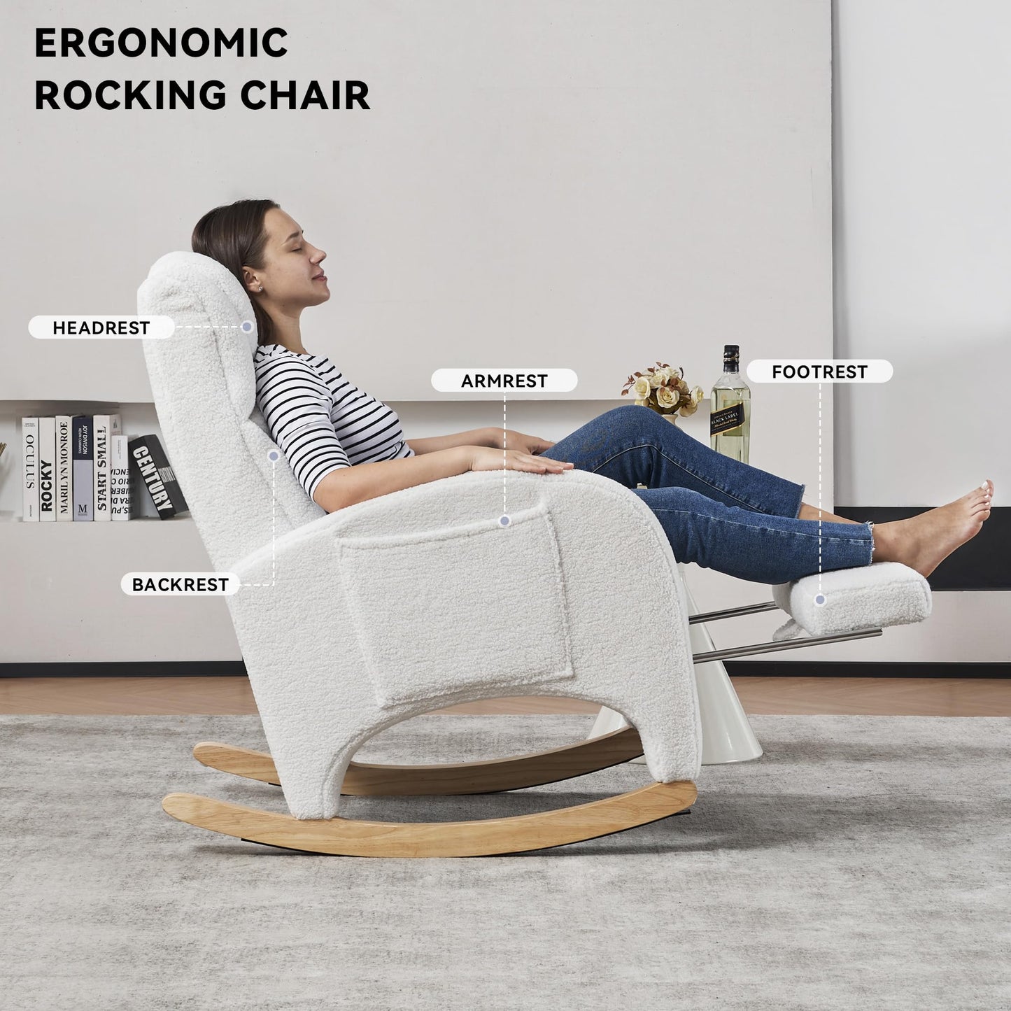 DEKKETO white teddy rocking chair with headrest, footrest, side pocket, ideal for nursing, breastfeeding, and nursery comfort.