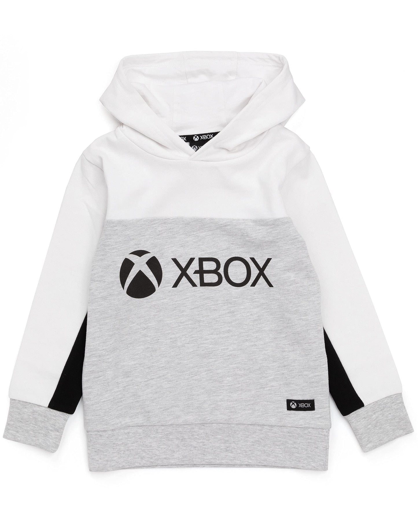 Kids Xbox hoodie in white and grey with game console logo, featuring a hooded sweatshirt design for boys and girls aged 14-15 years.