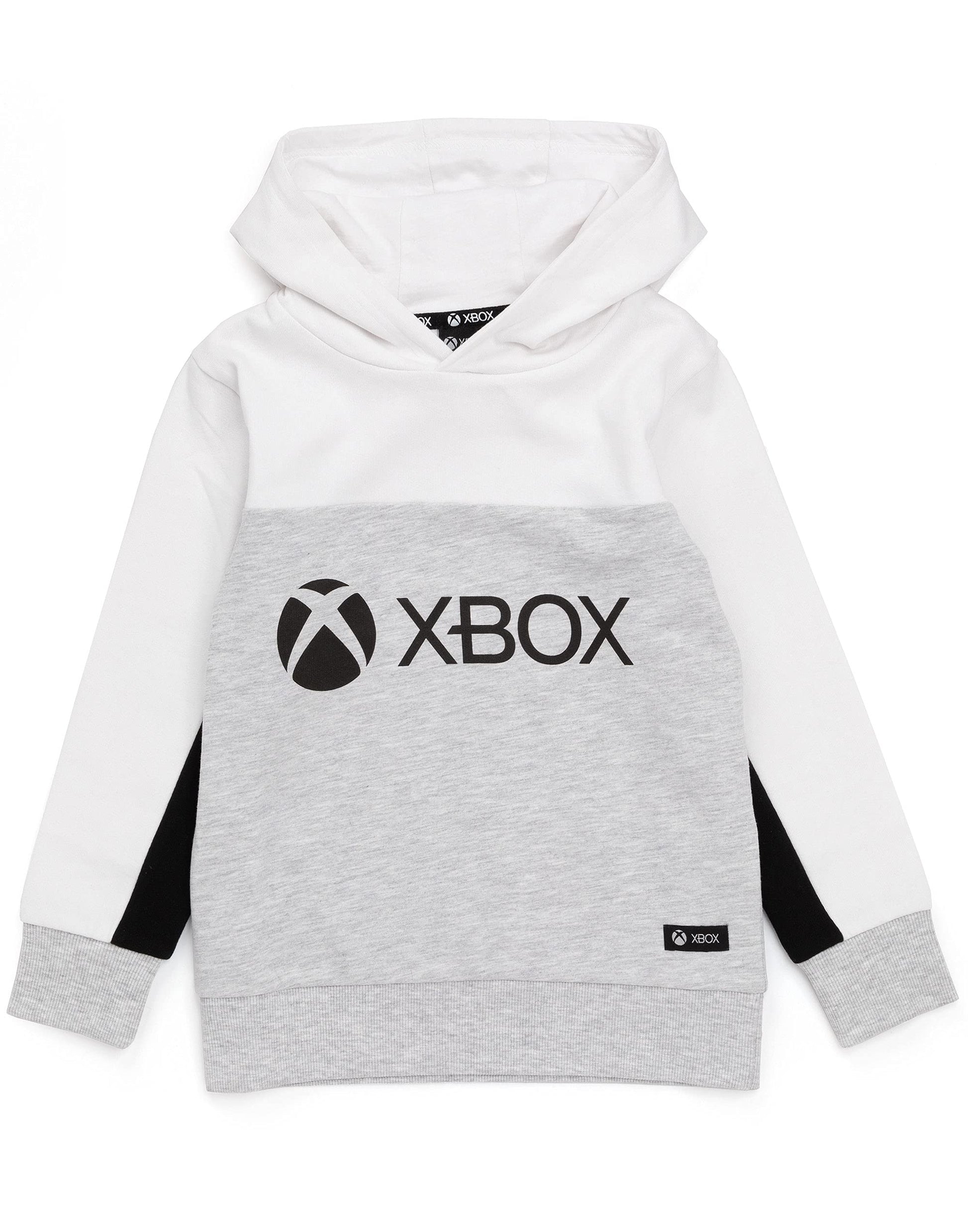 Kids Xbox hoodie in white and grey with game console logo, featuring a hooded sweatshirt design for boys and girls aged 14-15 years.