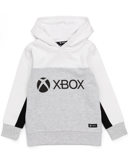 Kids Xbox hoodie in white and grey with game console logo, featuring a hooded sweatshirt design for boys and girls aged 14-15 years.