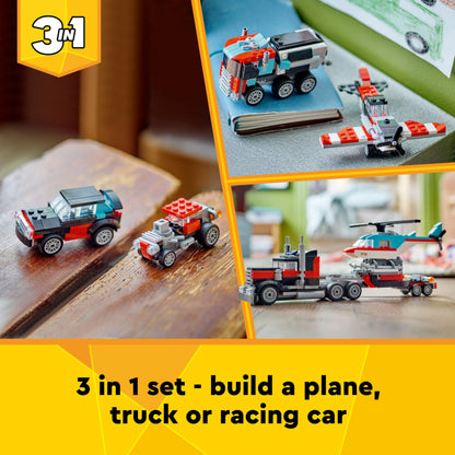 LEGO Creator 3in1 Flatbed Truck with Helicopter and other vehicles for kids, showcasing colorful blocks and detailed designs.