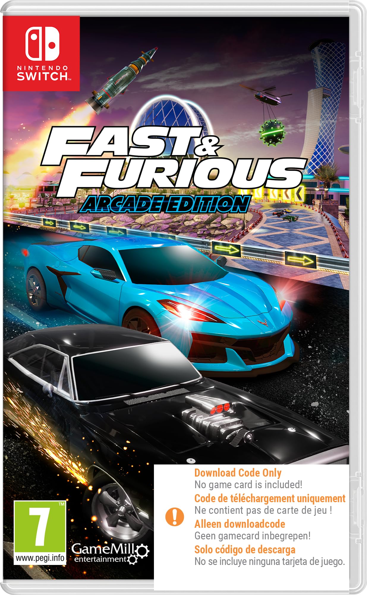 Nintendo Switch Fast & Furious Arcade Edition game by Game Mill, showing colorful cover art with fast cars and action scenes.