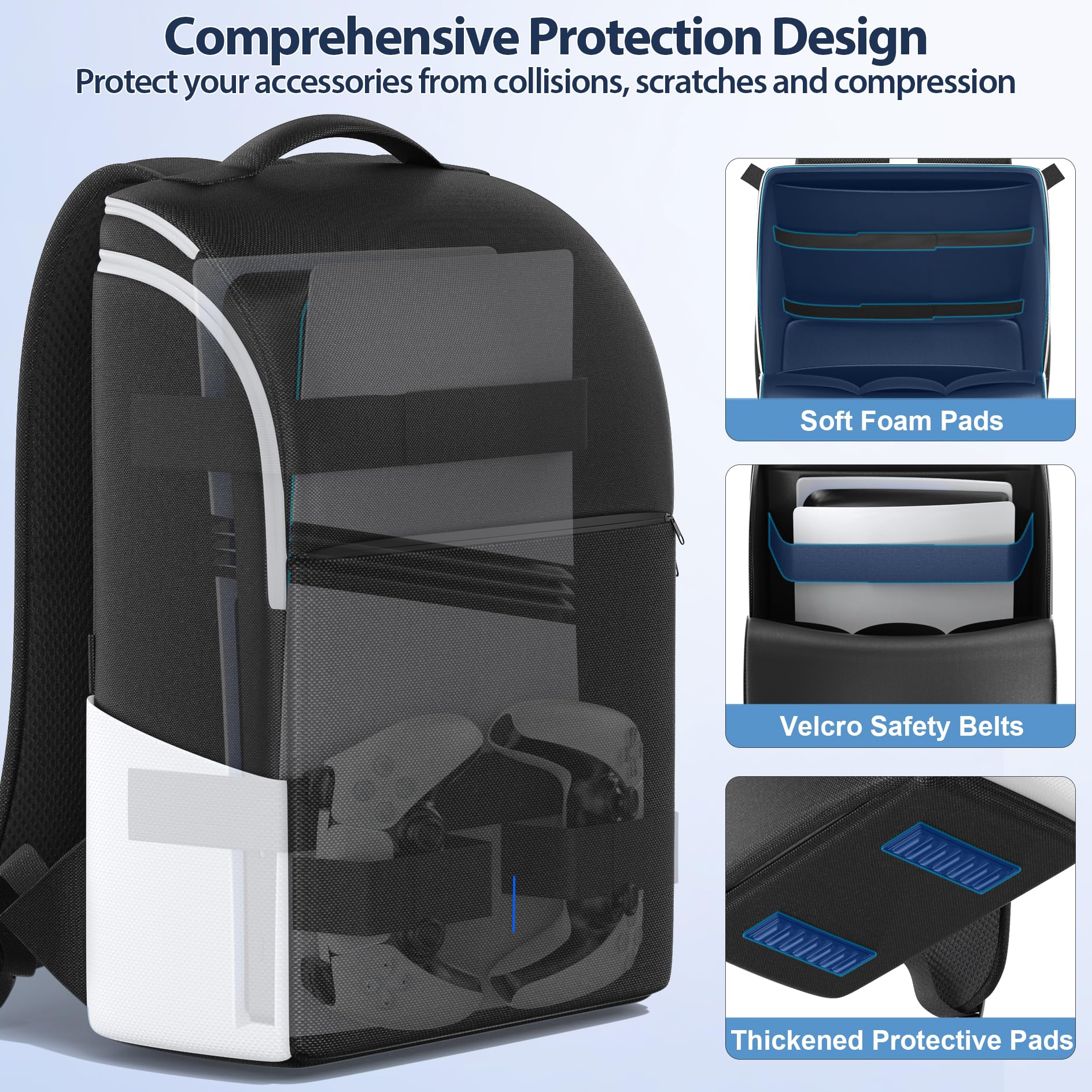Rysker PS5 Slim/Pro console backpack in white with large capacity, full protection, multiple pockets, and space for laptop and game accessories.