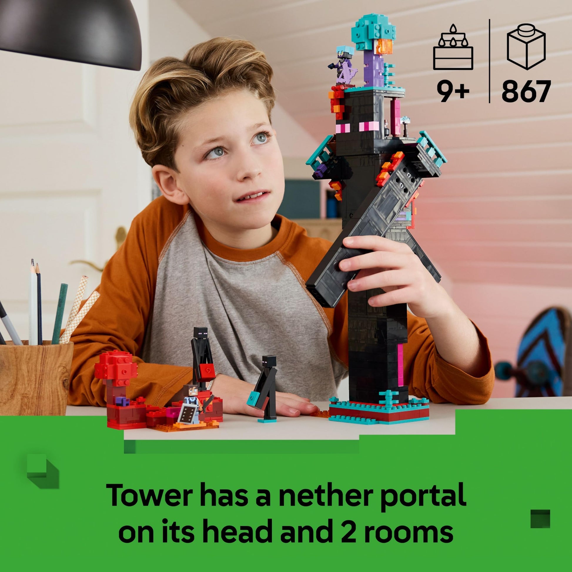 LEGO Minecraft 2in1 Enderman Tower toy with Enderman figures and Nether Portal, showcasing modular fortress designs.