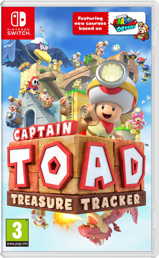 Nintendo Captain Toad Treasure Tracker game for Nintendo Switch featuring colorful in-game characters and vibrant puzzle landscapes.