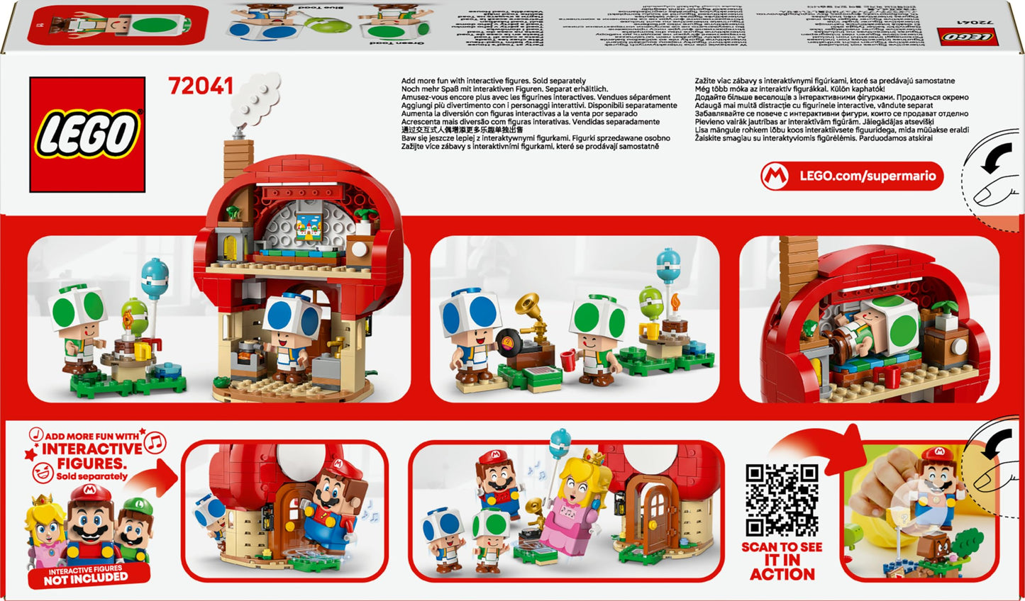 LEGO Super Mario Party at Toad's House interactive set featuring figures, kitchen, bedroom, and picnic table for kids 7+