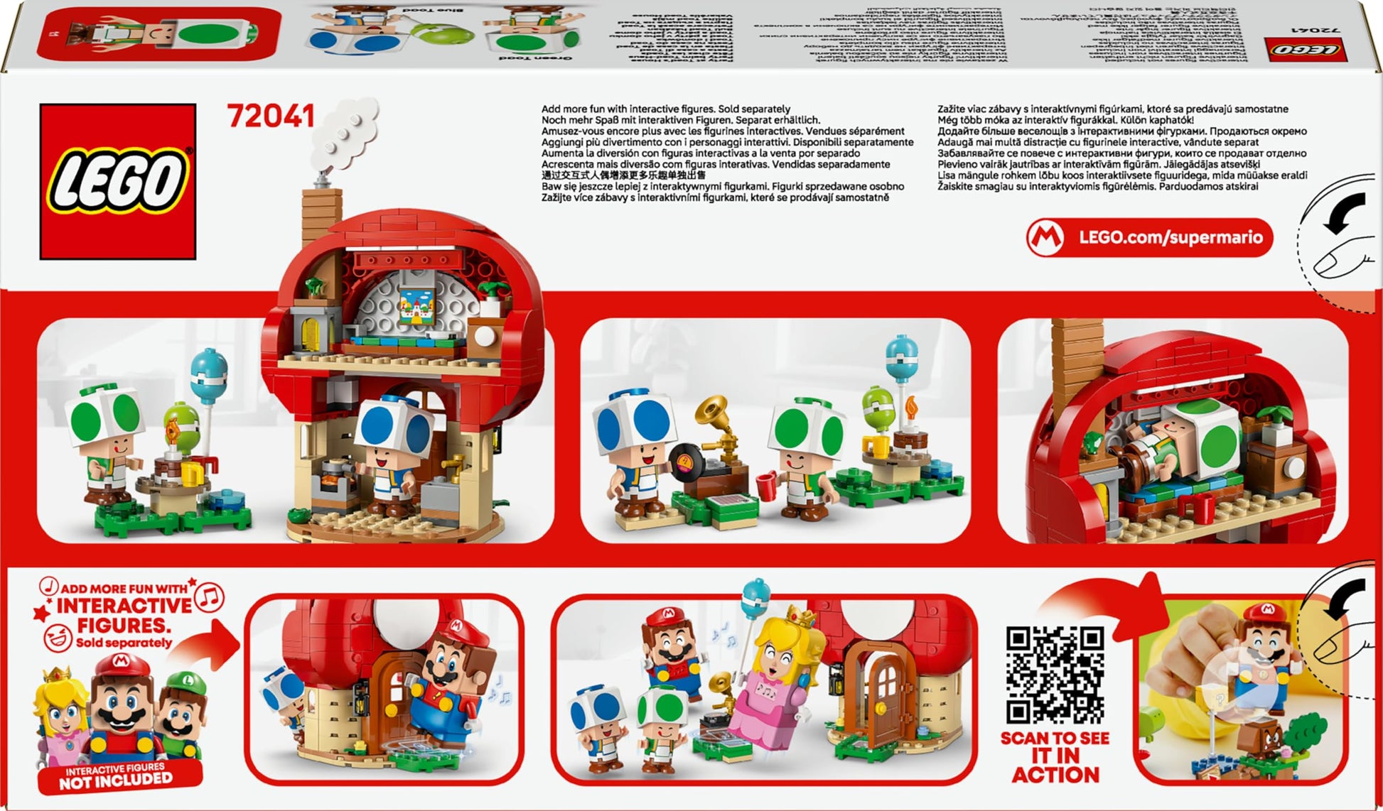 LEGO Super Mario Party at Toad's House interactive set featuring figures, kitchen, bedroom, and picnic table for kids 7+