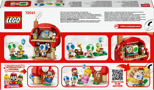 LEGO Super Mario Party at Toad's House interactive set featuring figures, kitchen, bedroom, and picnic table for kids 7+