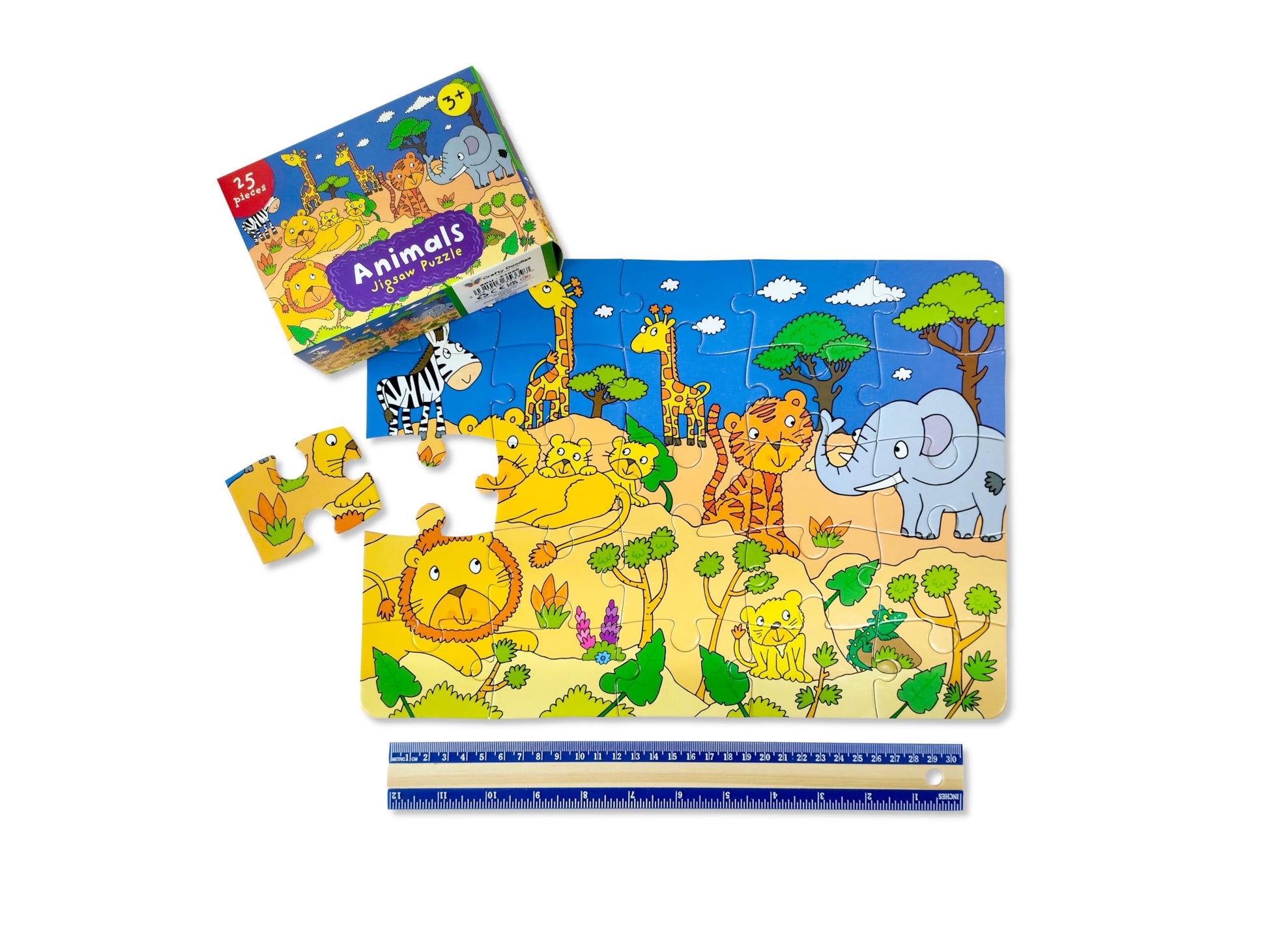 Anila's children's jigsaw puzzle set with six designs, 25 pieces each, suitable for ages 3-8, displayed on a flat surface.