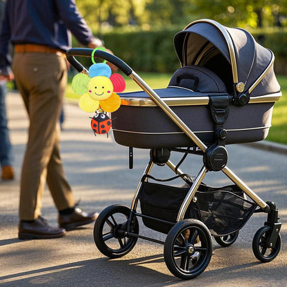 Jingyash baby pram toy with music and hanging plush rattles, stroller clip, and handbells for early development and entertainment.