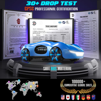 AEROQUEST remote control stunt car for kids, with lights, spray effects, and gesture sensing, suitable for ages 5 to 8.